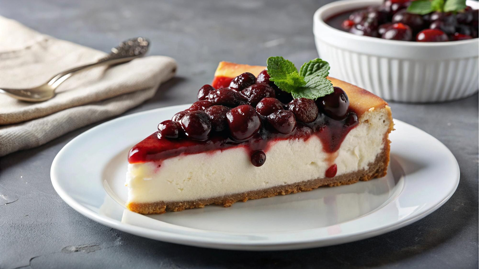 A slice of cheesecake with cherry topping and a sprig of mint on a white plate
